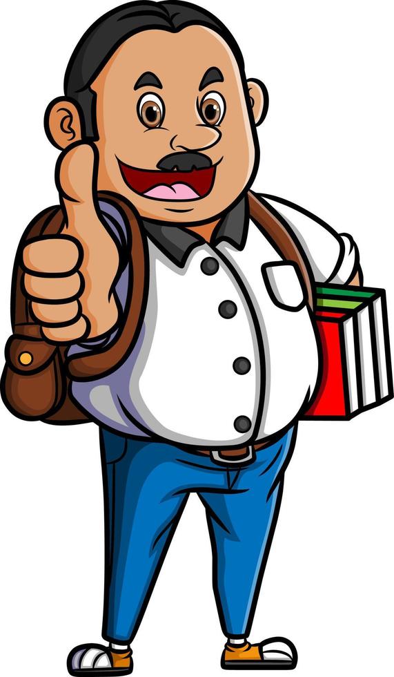 The young man is holding a lot of book and giving the thumb up vector