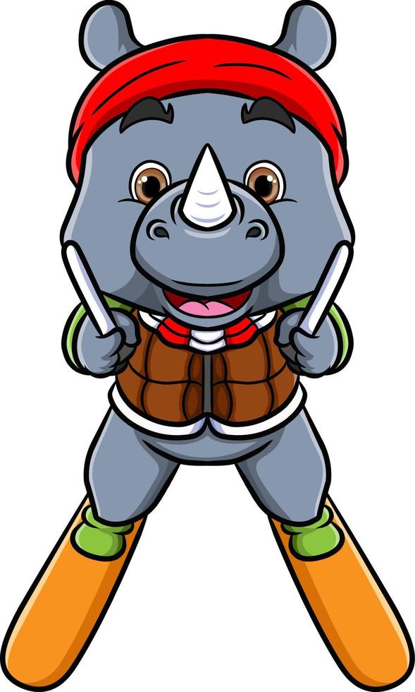 The cute rhinoceros is playing an ice skate with safety equipment vector