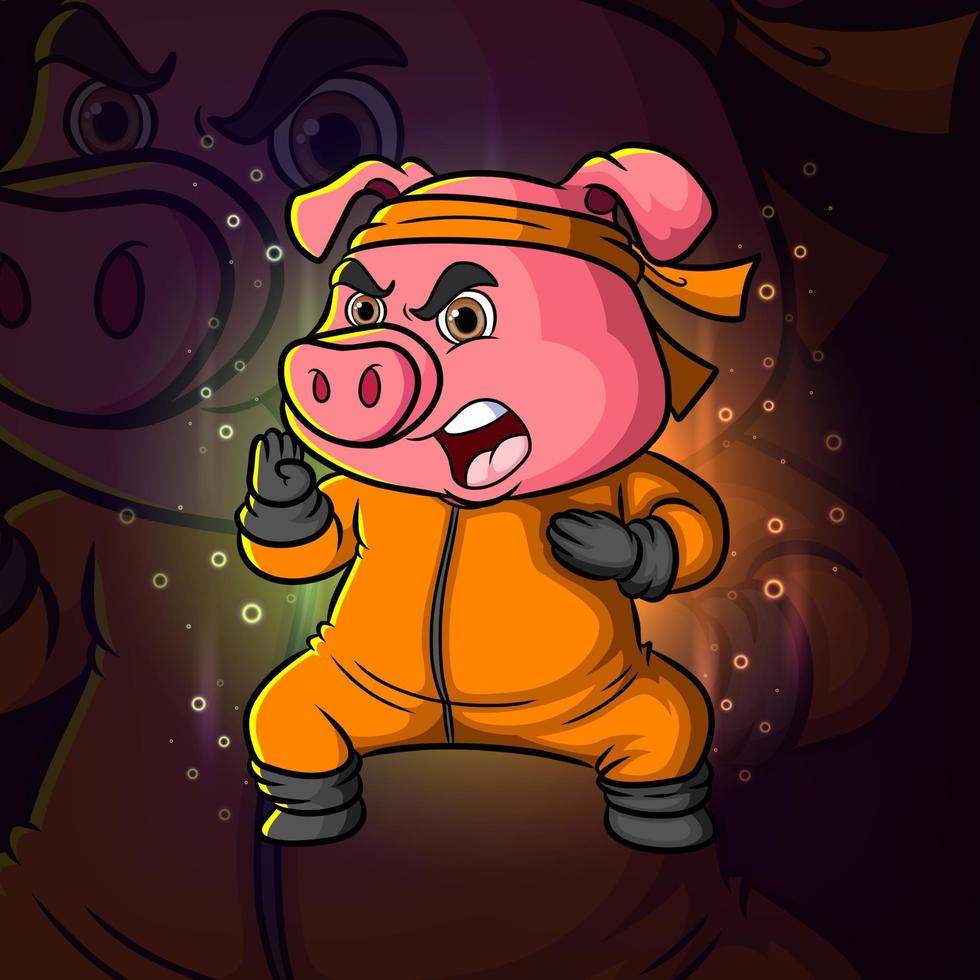 The strong kung fu pig is doing the movement esport mascot logo design vector