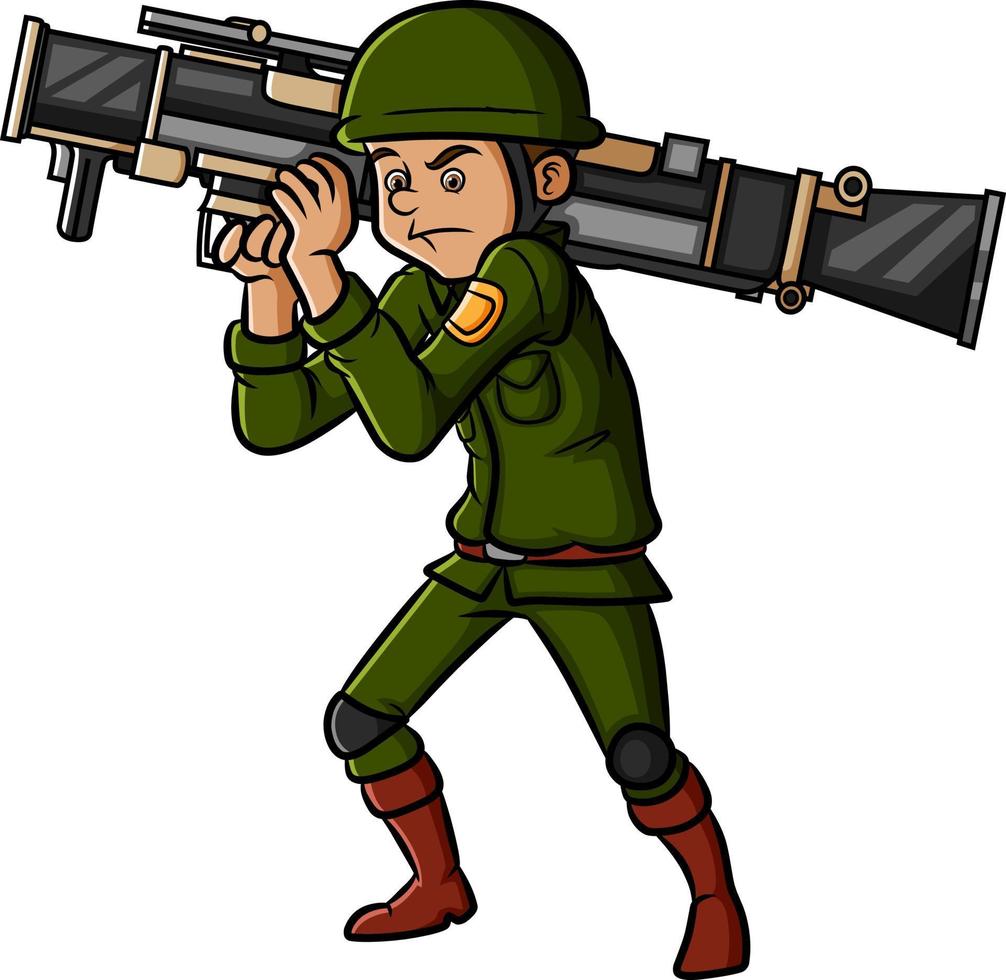 The soldier is holding the long and big bazooka vector