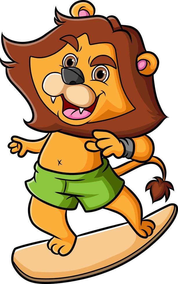 The master lion is playing the surfing in the beach vector