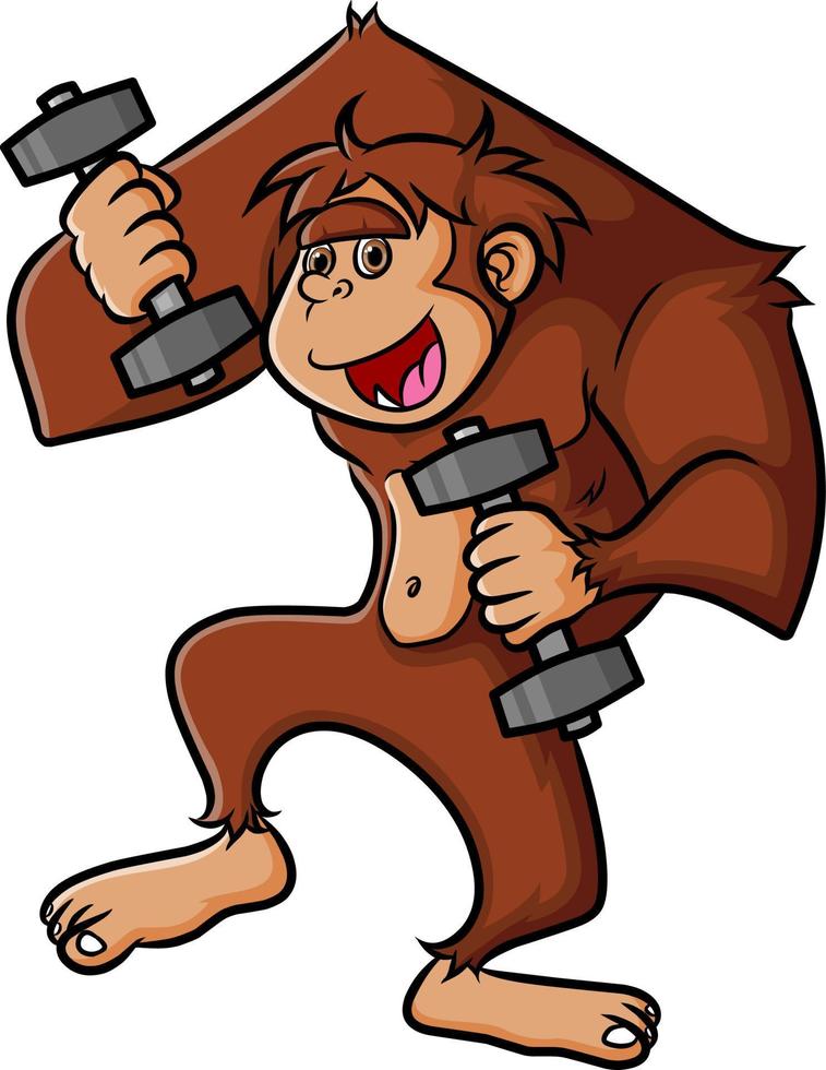 The funny gorilla is lifting small barbell with happy expression vector