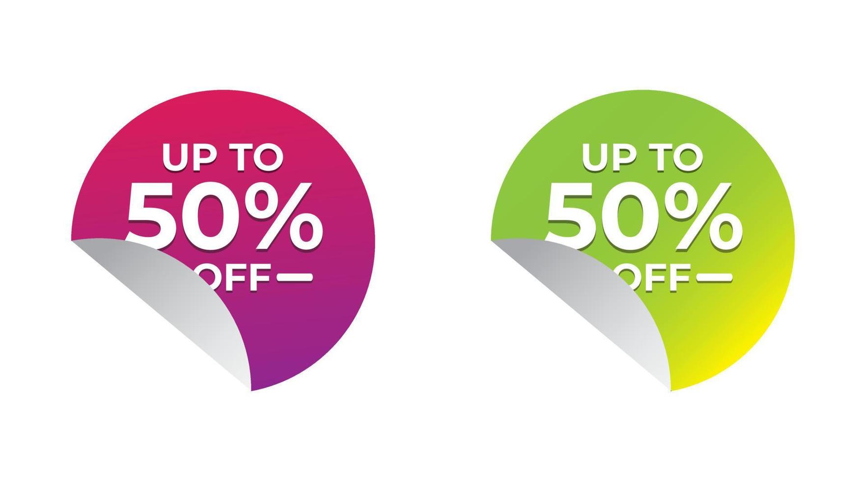 Up to 50 percent off Sale. Round sticker with offer message. Discount offer price sign. Special offer symbol. Save 50 percentages. Circle sticker mockup banner. Discount tag badge shape. vector