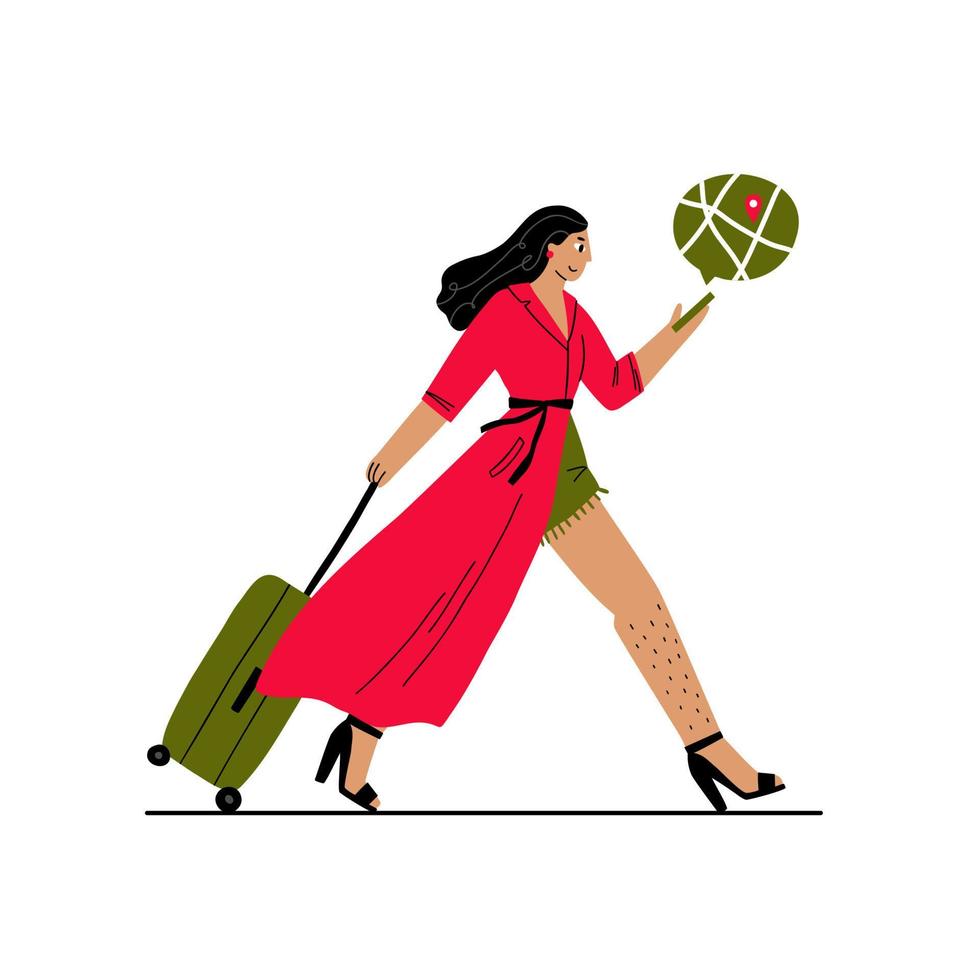 mujer viajera con maleta y mapa en tu teléfono. ilustración de vector plano dibujado a mano