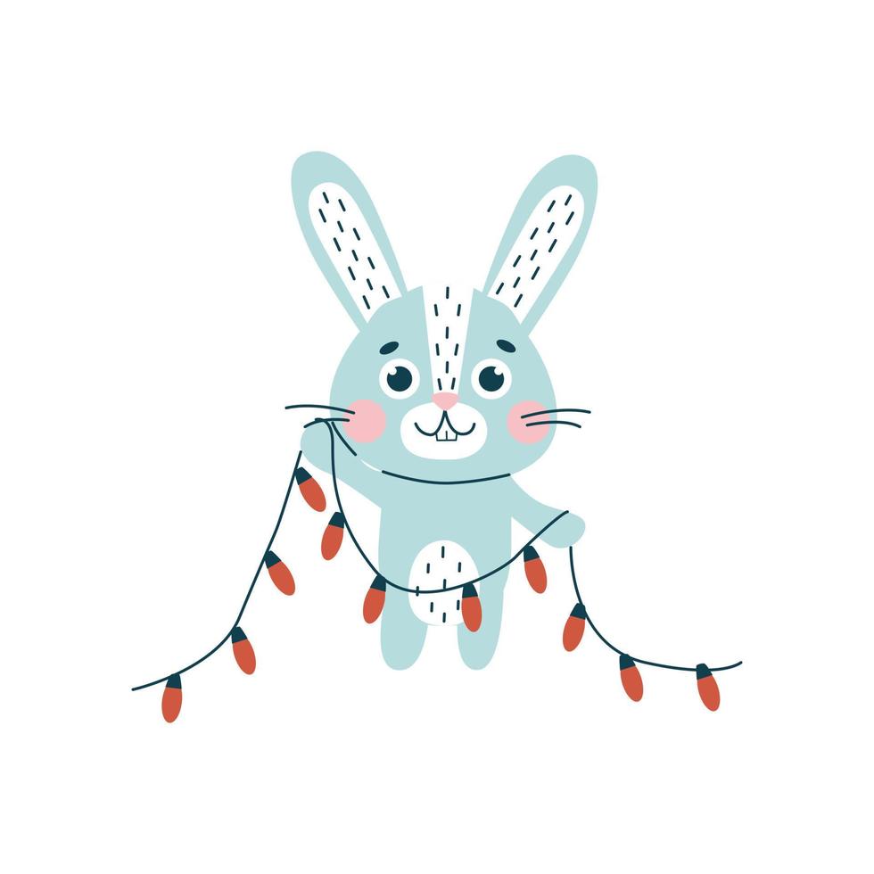 Rabbit with Christmas garland. Cute vetor flat animal character, isolated on white background. vector