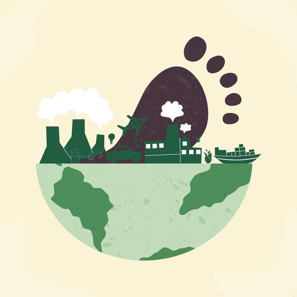 Carbon footprint CO2. Dangerous dioxide effect on planet ecosystem and sustainability. Carbon offset concept. Footprint on the earth flat vector illustration.