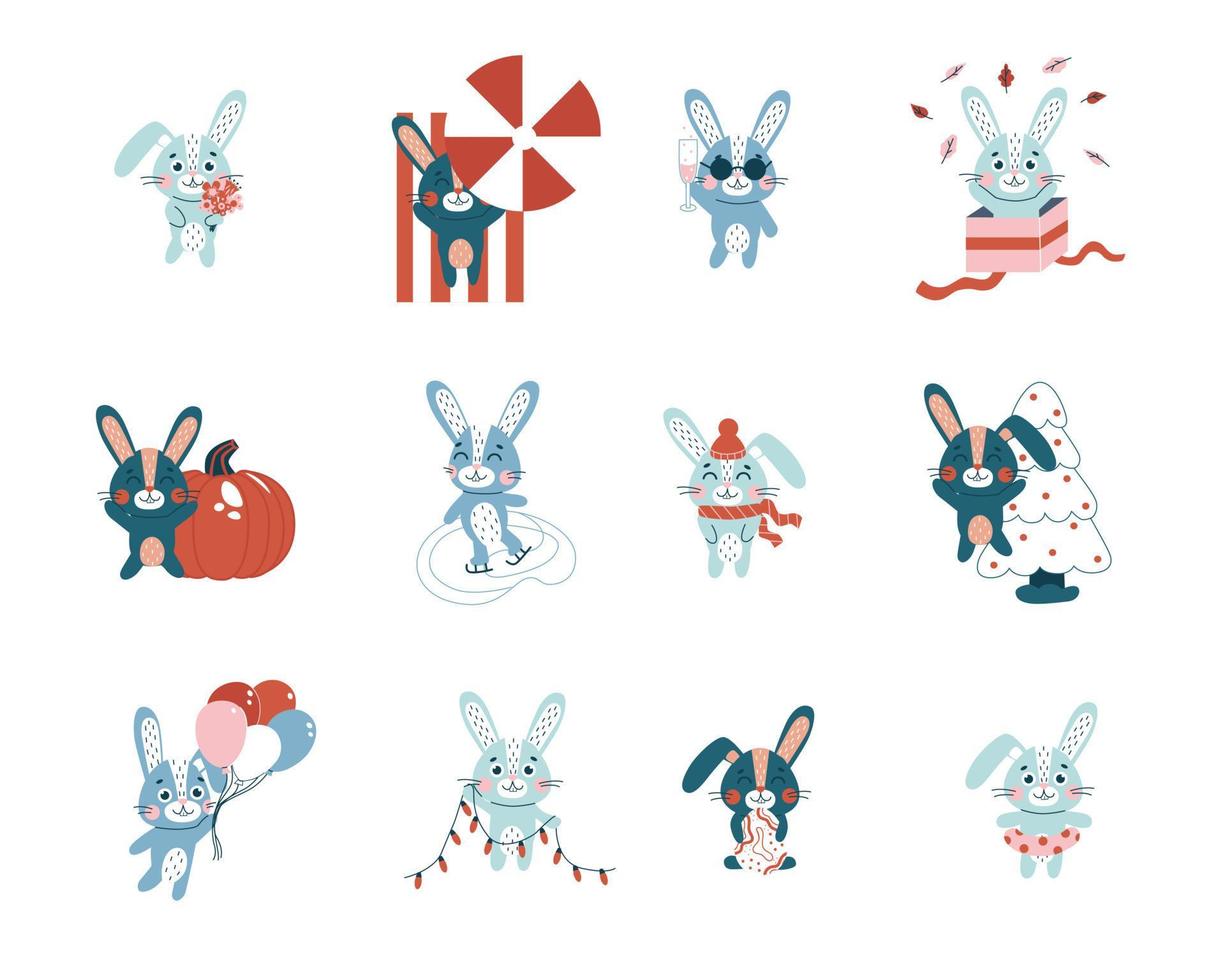 Cute rabbits set. Vector flat animal character, isolated on white background.
