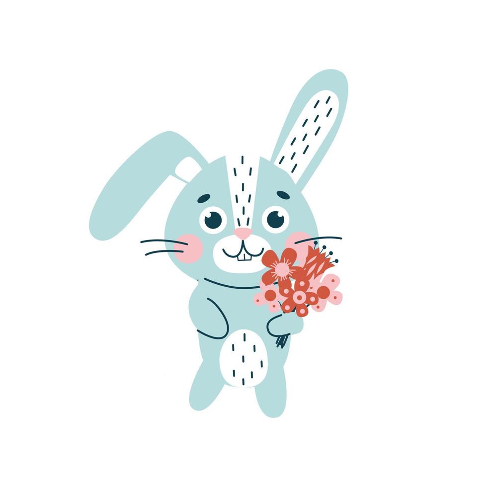 conejo con flores. lindo personaje animal plano vetor, aislado sobre fondo blanco. vector