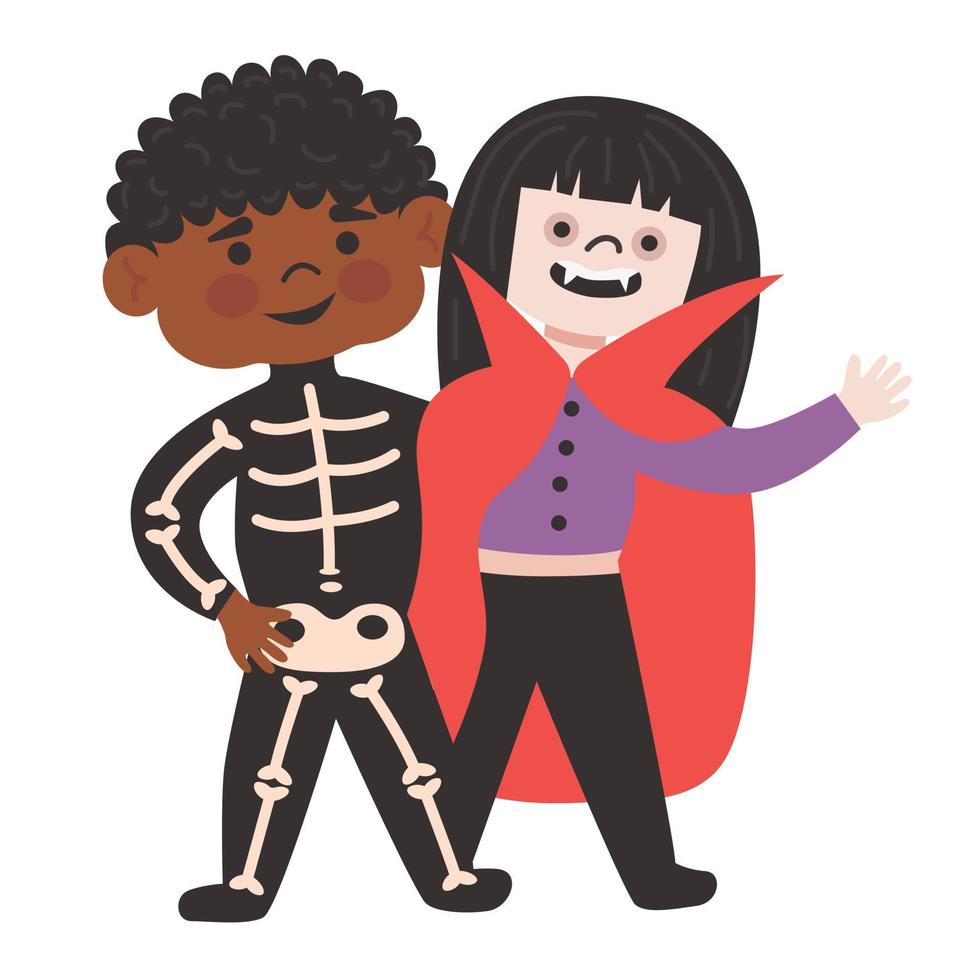 fiesta de disfraces de halloween para niños. linda niña y niño afroamericano disfrazados de vampiro y esqueleto de halloween. vector