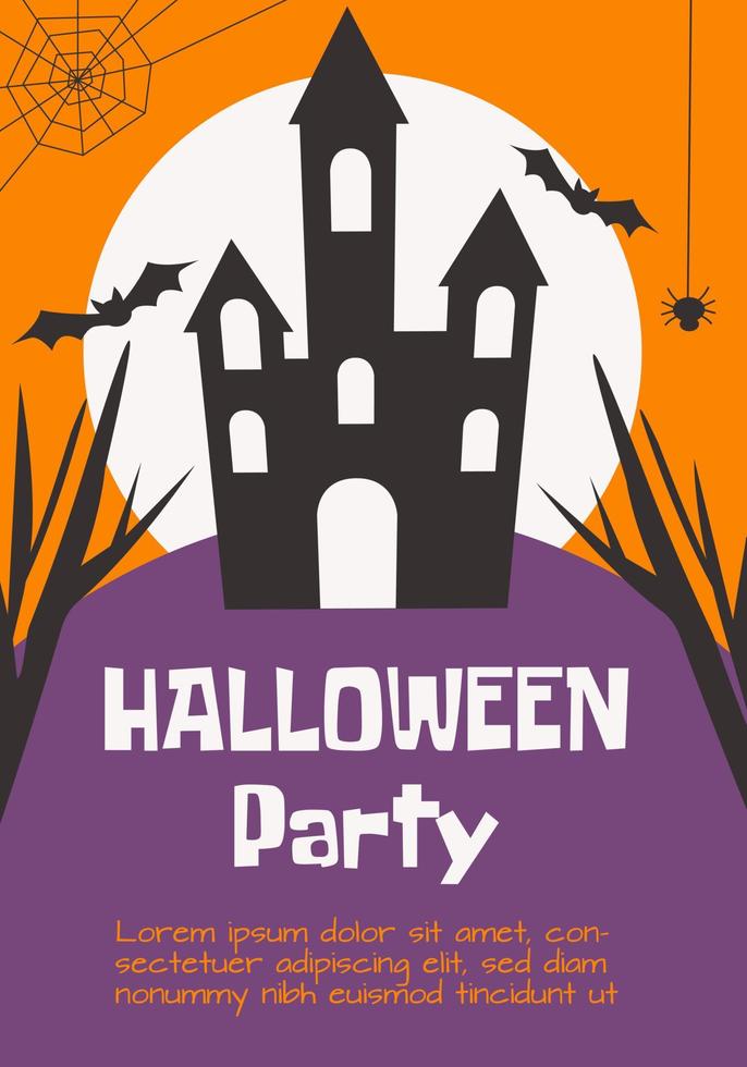 Halloween poster, greeting or post card, banner, background. Dark home, dry trees, buts, big moon, spider and web. vector