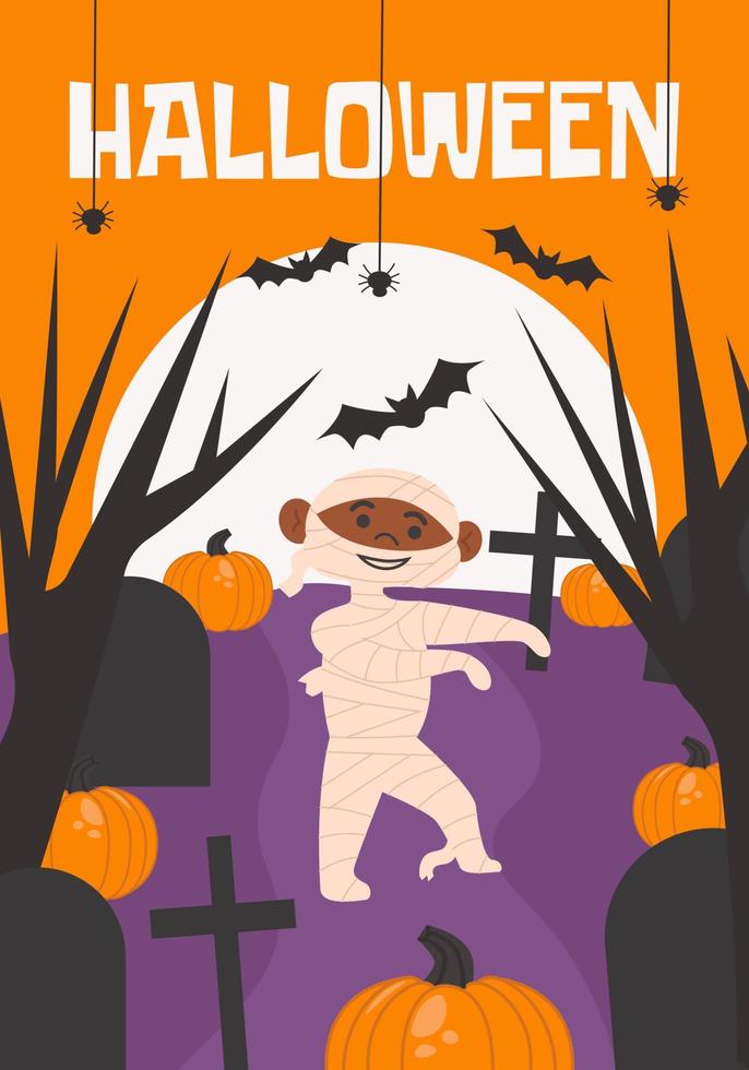 cartel de halloween, saludo o tarjeta postal, pancarta, fondo. bosque oscuro, cementerio, árboles secos, peros, gran luna, araña, calabaza y niño disfrazado de momia vector