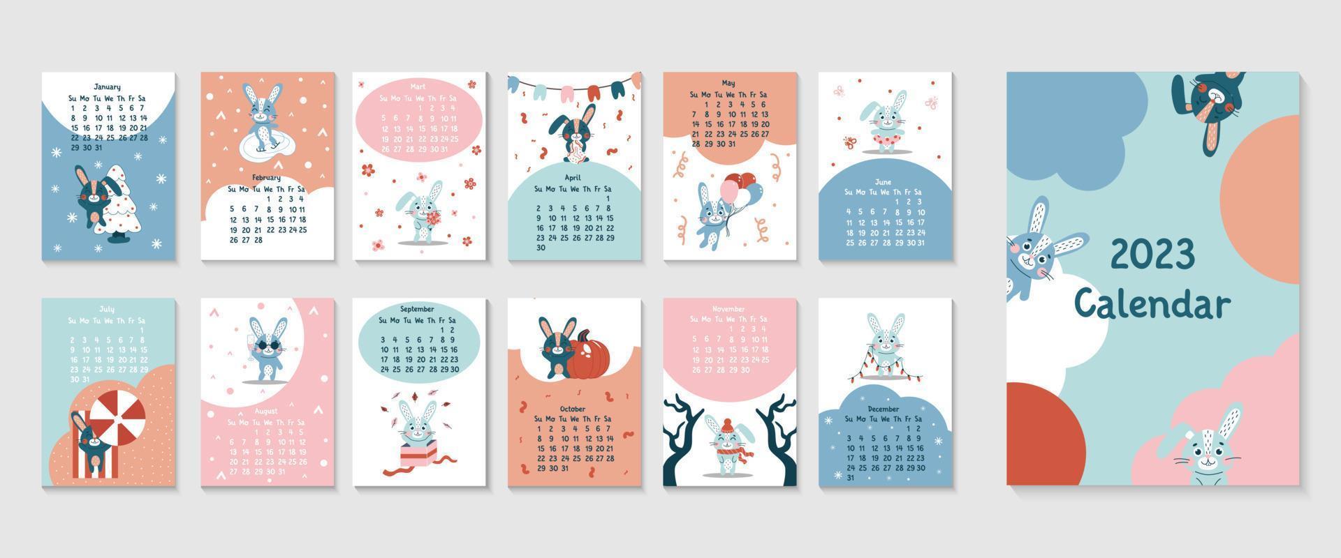 2023 vertical calendar design with cute rabbits chinese year symbol. 12 month, week start on monday. Page template size A3, A4, A5. Vector flat illustrtion, great for kids, nursery, poster, printable.