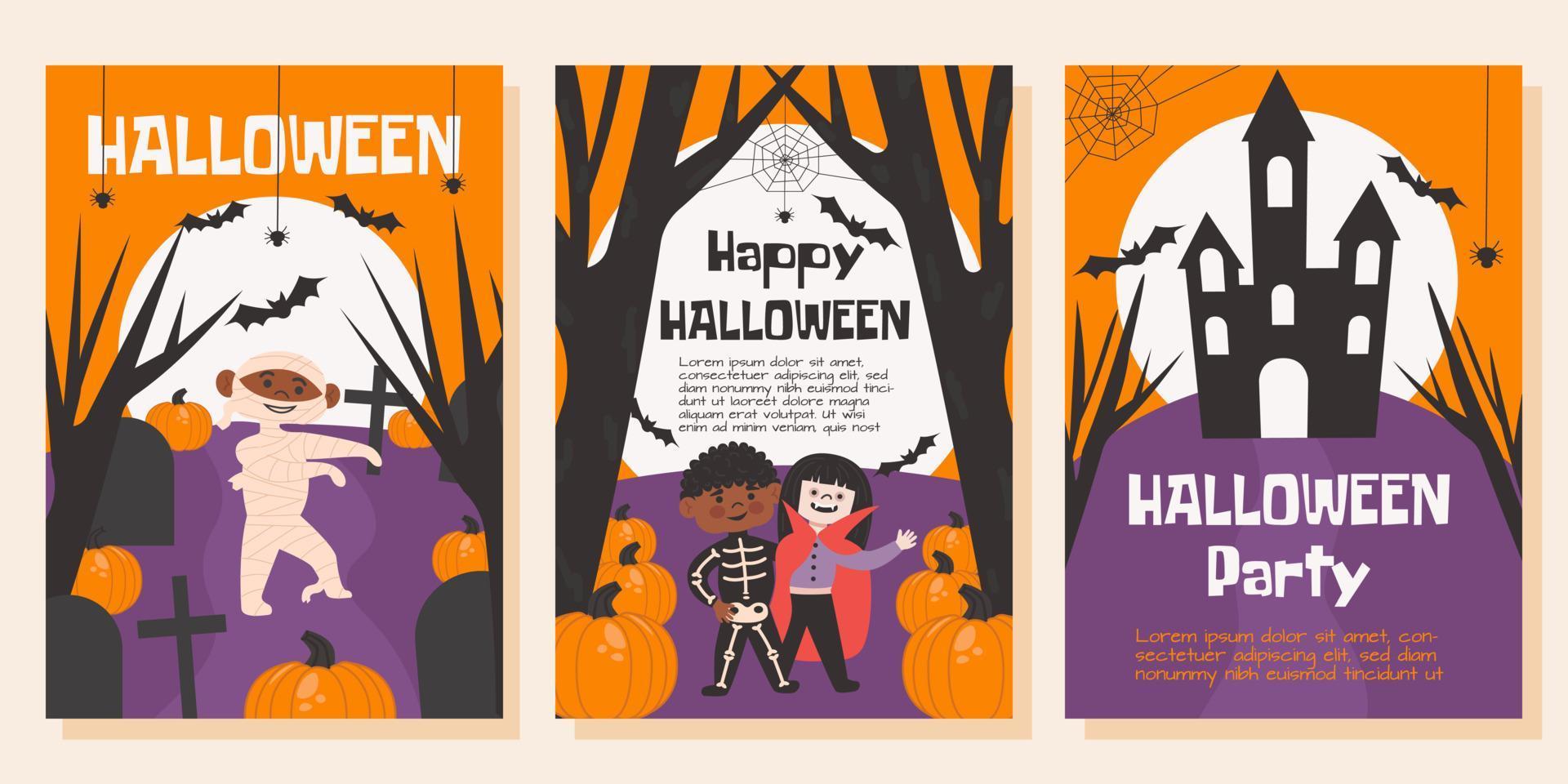 conjunto de carteles de halloween, tarjetas de felicitación o postales, pancartas, fondo. bosque oscuro, cementerio, árboles secos, peros, luna grande, araña, calabaza y niños disfrazados de halloween vector