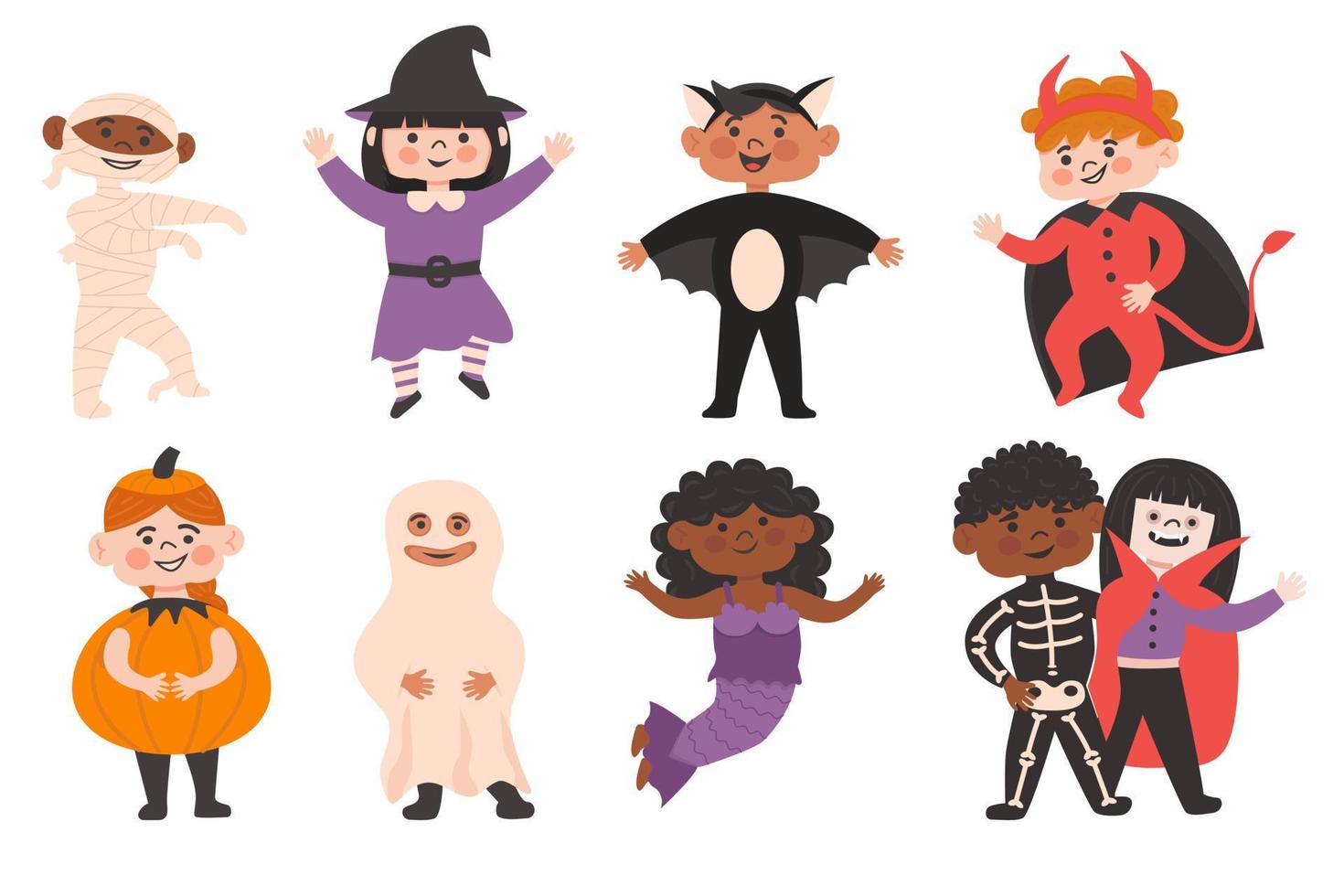 fiesta de disfraces de halloween para niños. lindas niñas y niños de diferentes nacionalidades disfrazados de vampiro, murciélago, diablo, fantasma, sirena, momia, bruja calabaza y esqueleto. vector