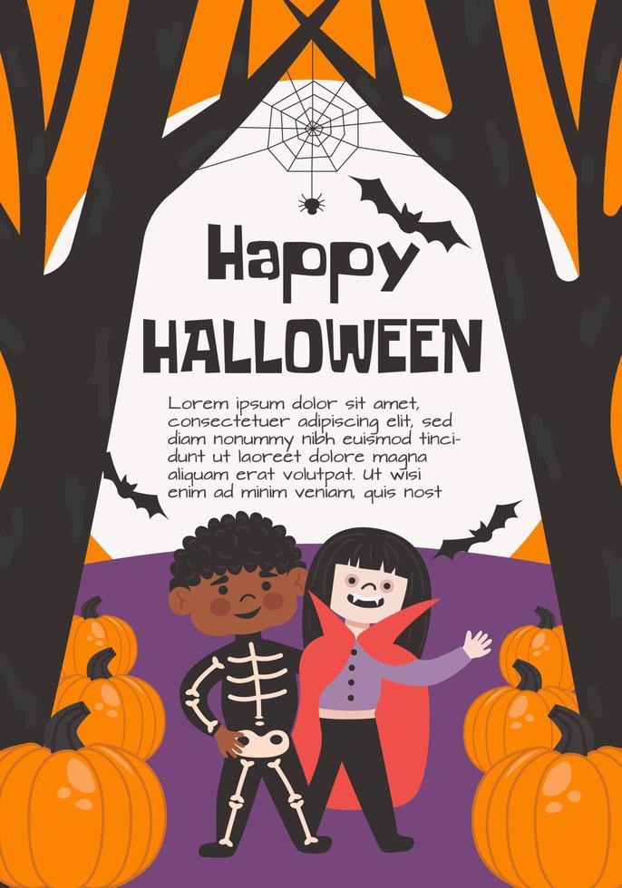 Halloween poster, greeting or post card, banner, background. Dark forest, dry trees, buts, big moon, spider, pumpkin and kid's in vampire and skeleton coustume. vector