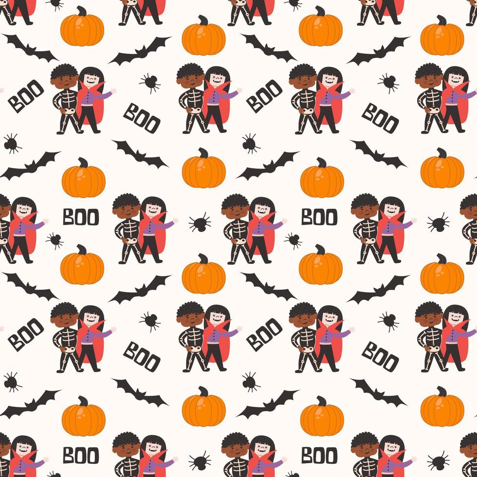 Halloween kids costume party seamless pattern. Children in skeleton and vampire costume vector