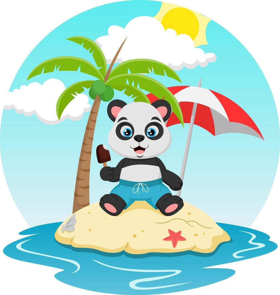 Cute panda cartoon at tropical beach vector