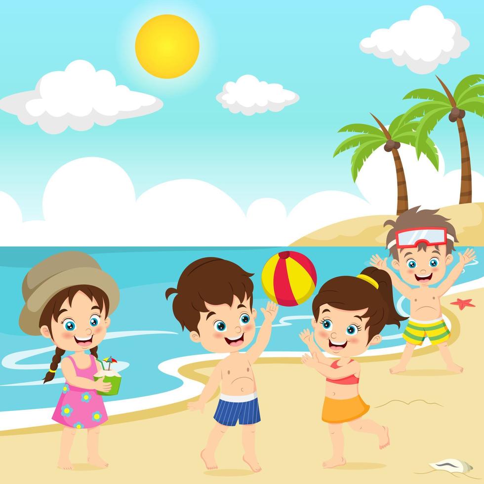 Children playing beach ball at tropical beach vector