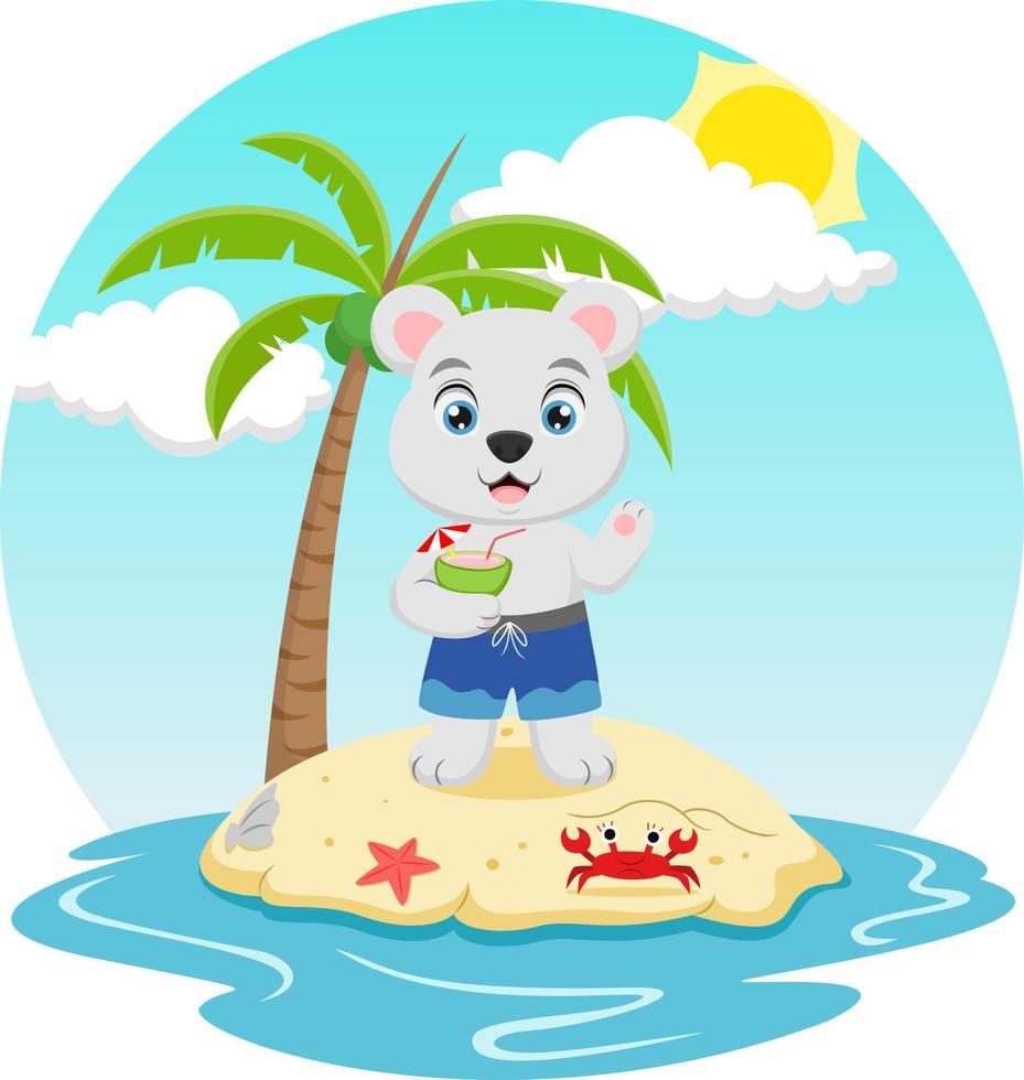 linda caricatura de oso polar en la playa tropical vector