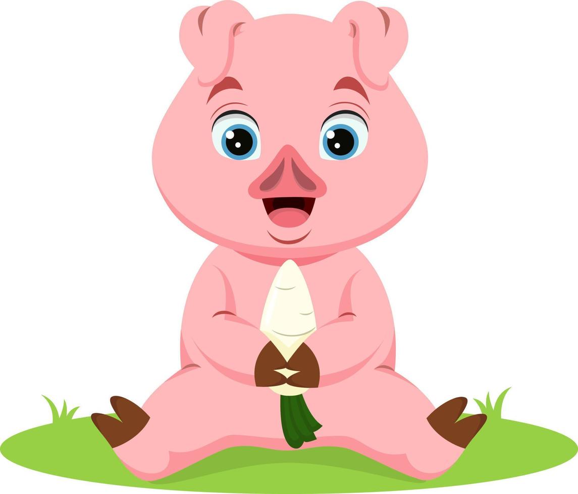 Cute baby pig cartoon holding white radish vector
