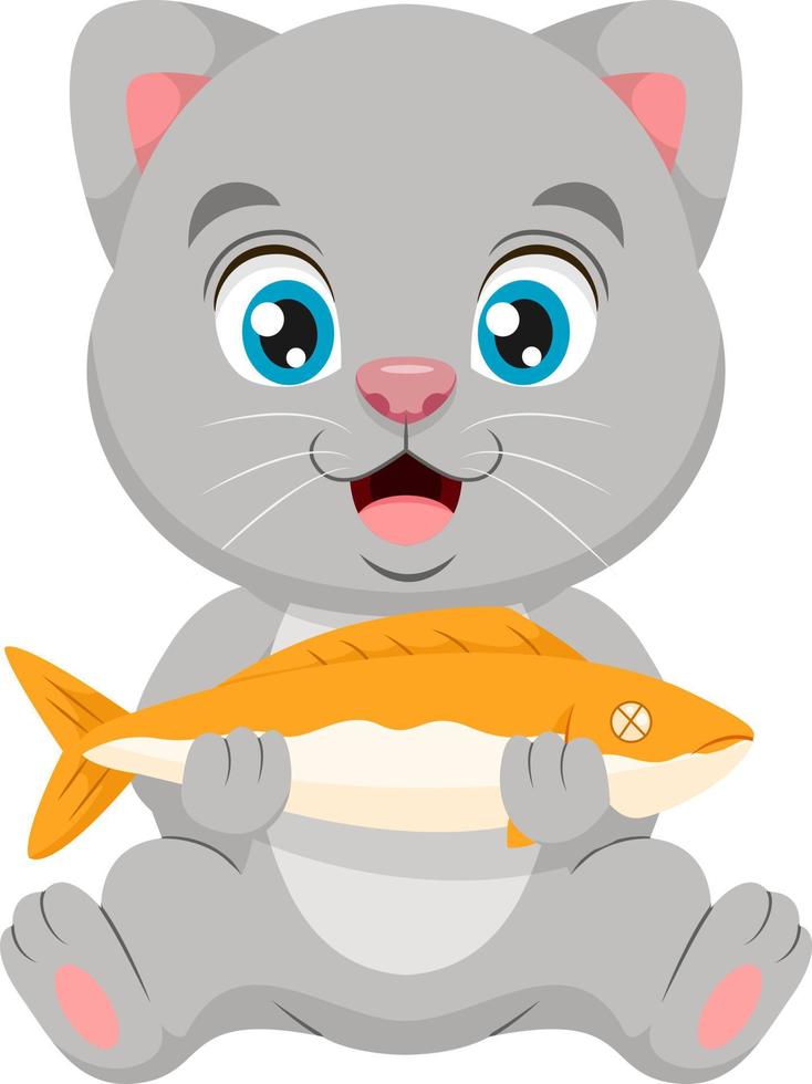 lindo gato de dibujos animados sosteniendo un pez vector