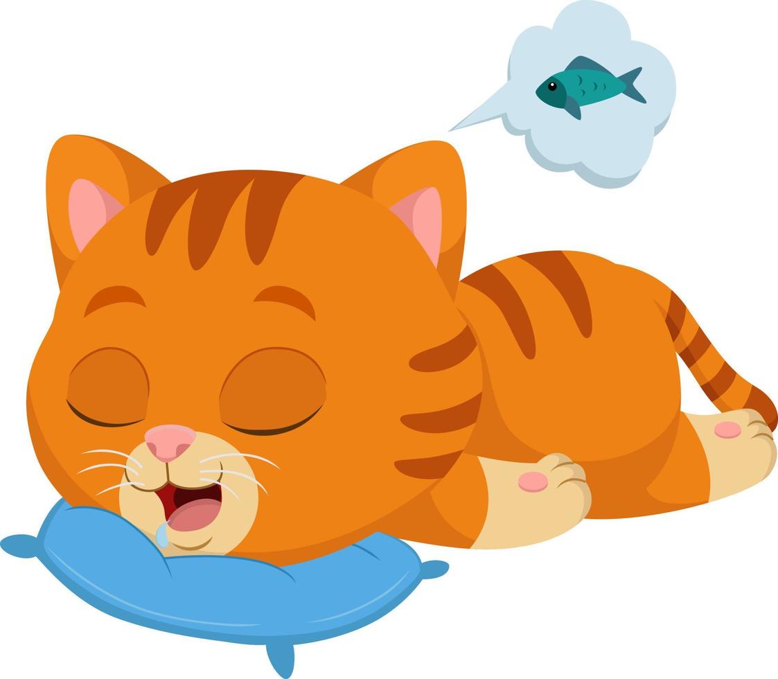 lindo gato durmiendo y sueña con un pez vector