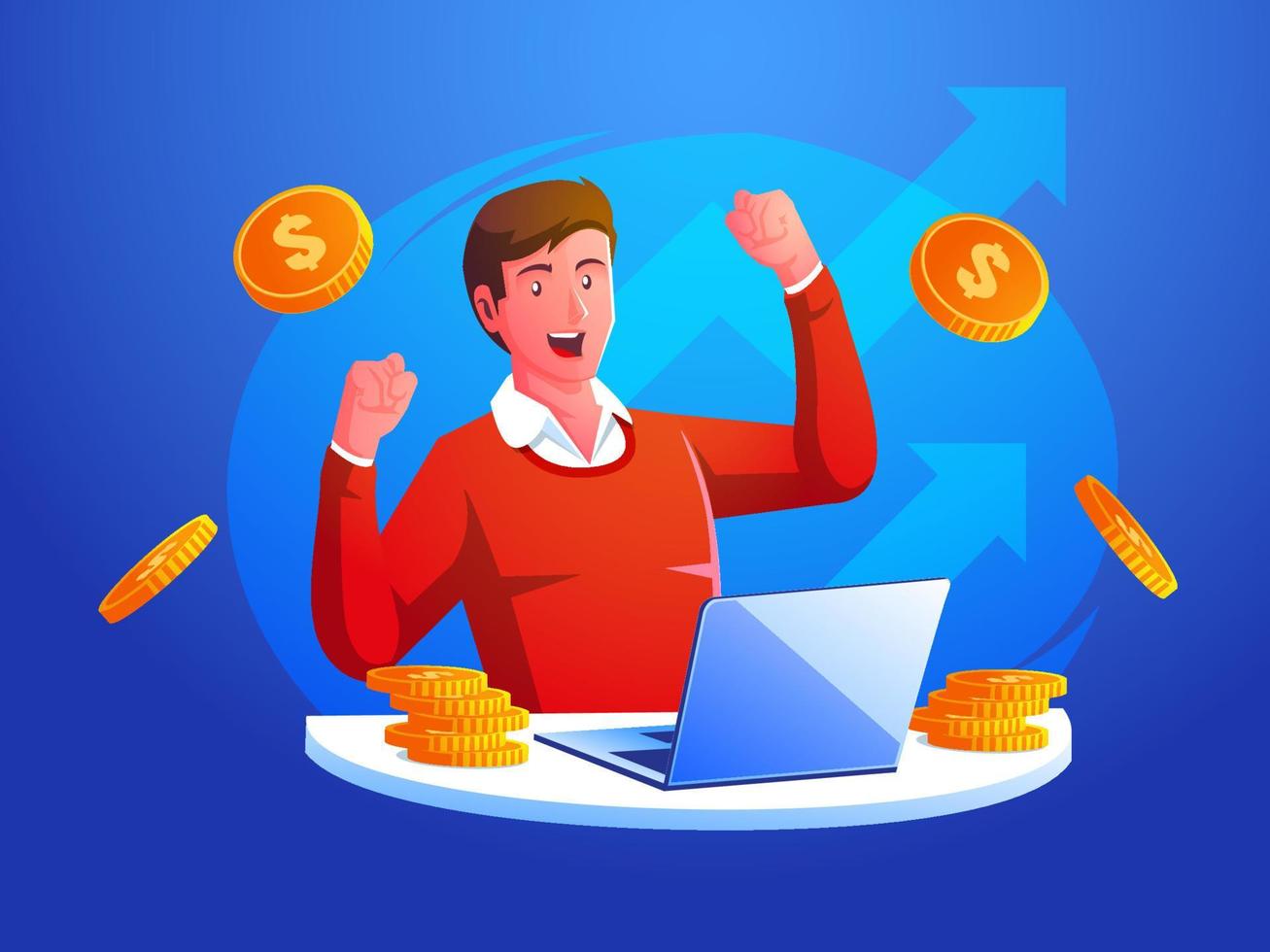 a man working with laptop earning abundant money vector