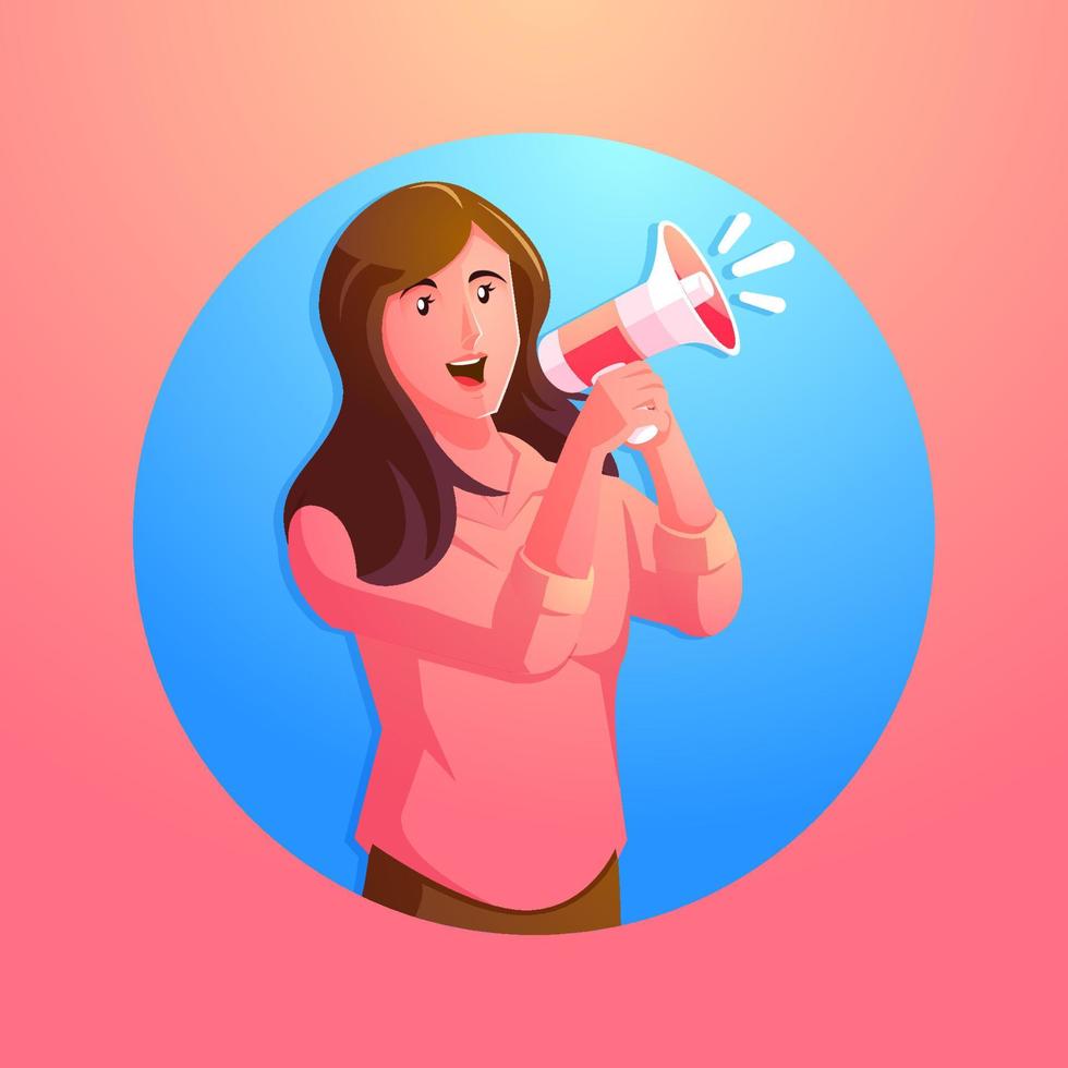 a woman holding a megaphone and shouting into a loudspeaker vector
