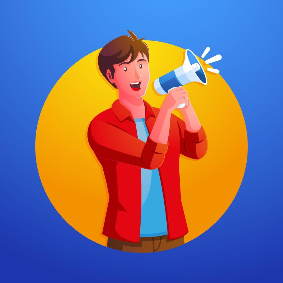 a man holding a megaphone and shouting into a loudspeaker vector