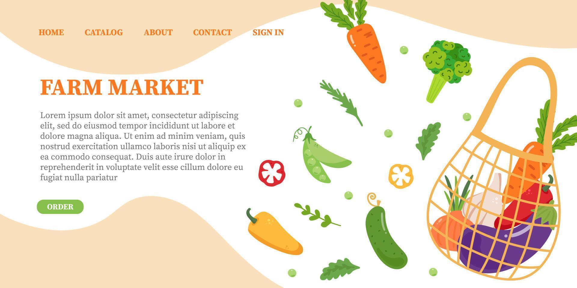 banner promocional para el mercado de agricultores. pancartas de alimentos vegetales frescos con verduras de dibujos animados. pepino, pimiento, zanahorias, cebolla, berenjena, guisantes verdes y otros recién extraídos a mano vector