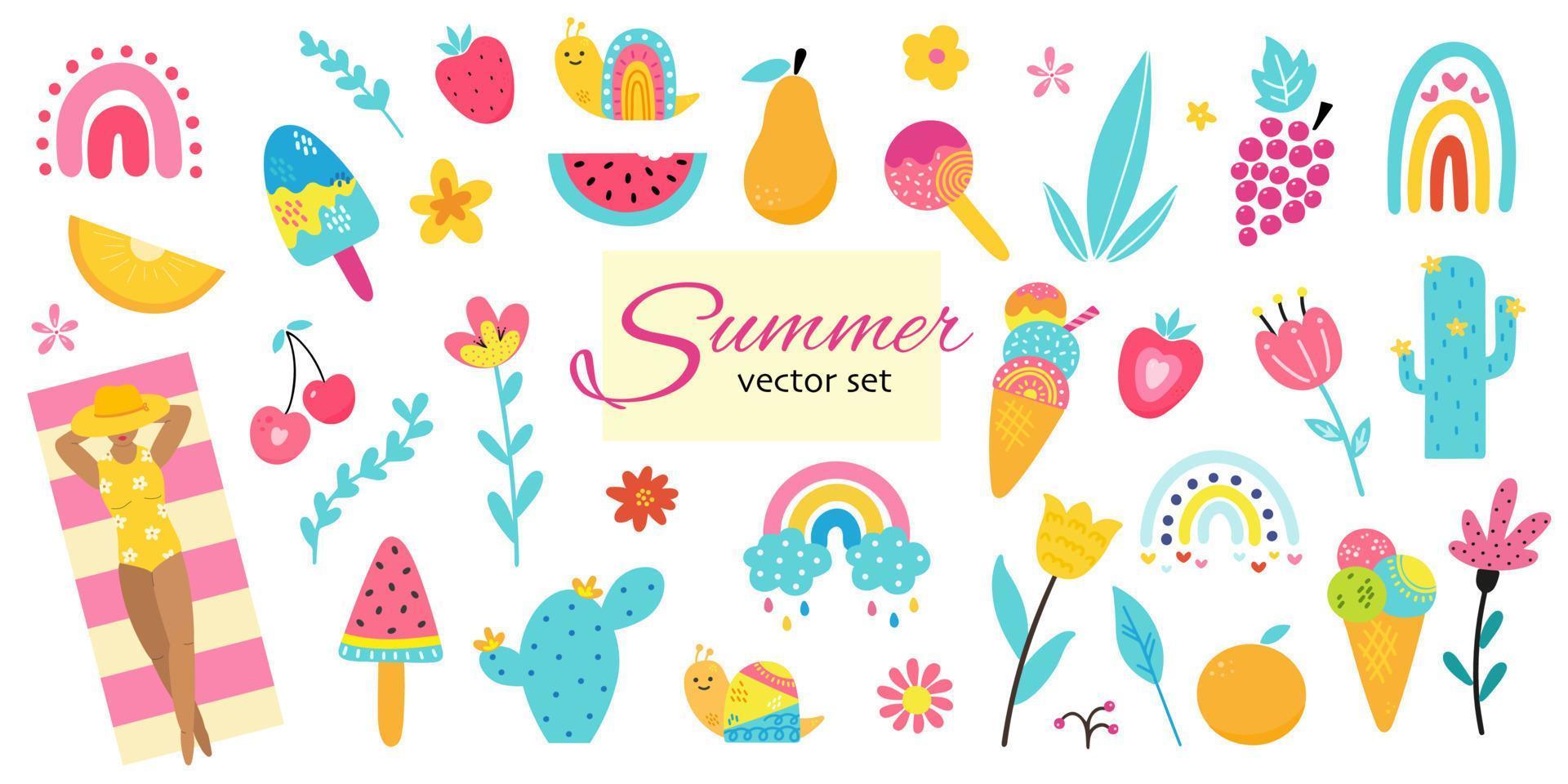 Summer hand drawn elements set, woman is sunbathing, beach, fruits, ice cream, flowers, cacti, rainbows, plants. Cute and colorful stickers for posters, scrapbooking, summer party invitations vector