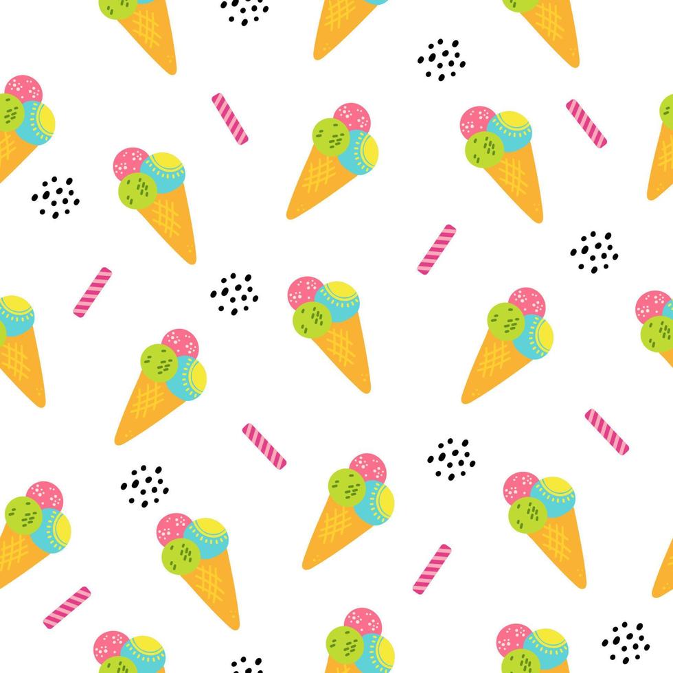 Cartoon hand drawn ice cream seamless pattern.Perfect funny vector background. Summer design