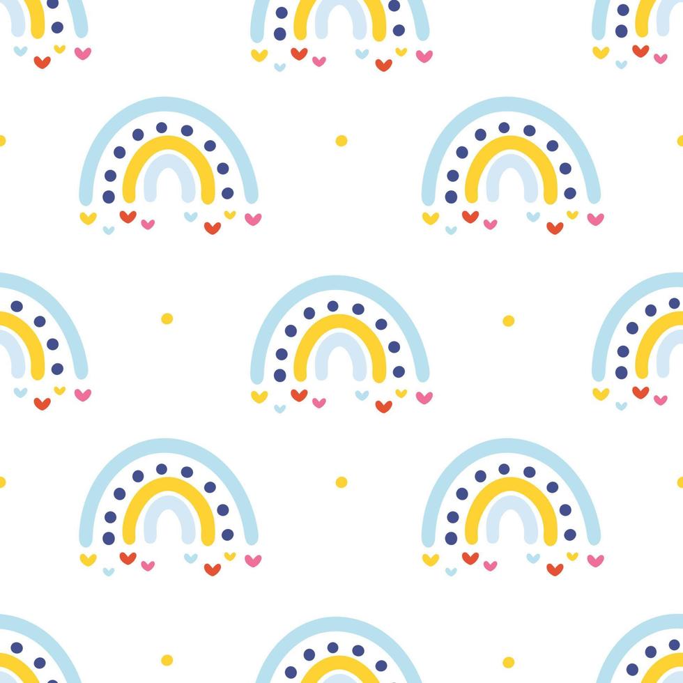 Seamless childish colorful pattern with cute doodle rainbows and hearts, dots. Creative kids texture for fabric, wrapping, textile, wallpaper, apparel. Vector illustration