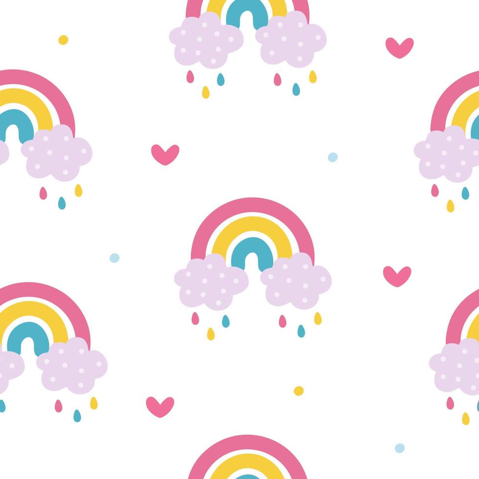 Seamless childish colorful pattern with cute doodle rainbows and hearts, dots. Creative kids texture for fabric, wrapping, textile, wallpaper, apparel. Vector illustration