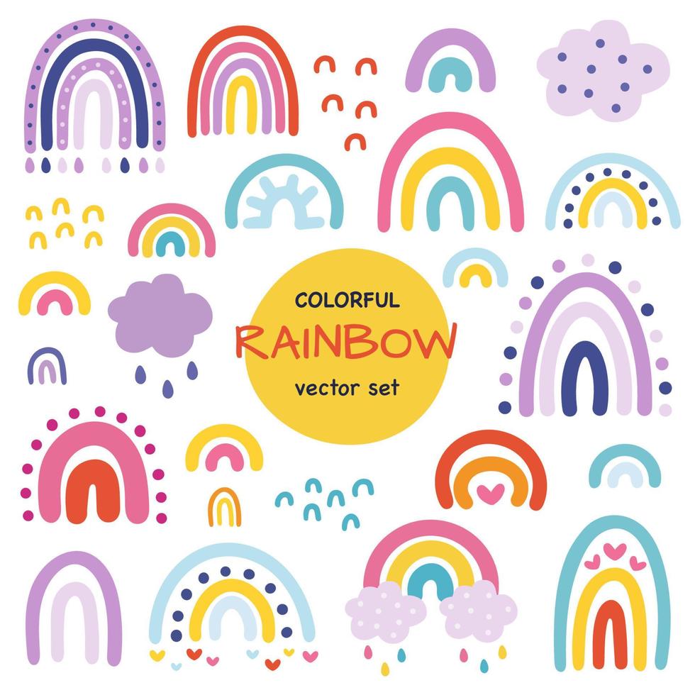 gran conjunto de diferentes arco iris con corazones, puntos. linda colección brillante sobre fondo blanco. adorable ilustración de fideos vectoriales para cumpleaños, día de San Valentín, habitación de bebé. ilustración divertida vector