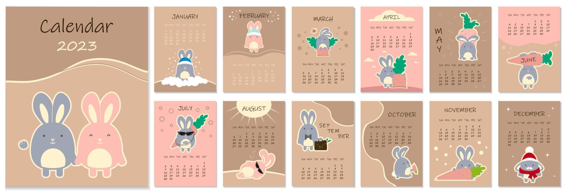 Calendar 2023 with a cute bunny vector