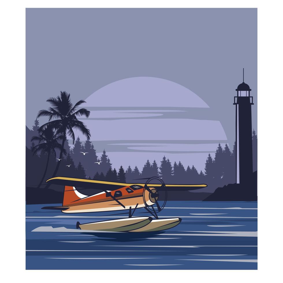 seaplane and light house vector
