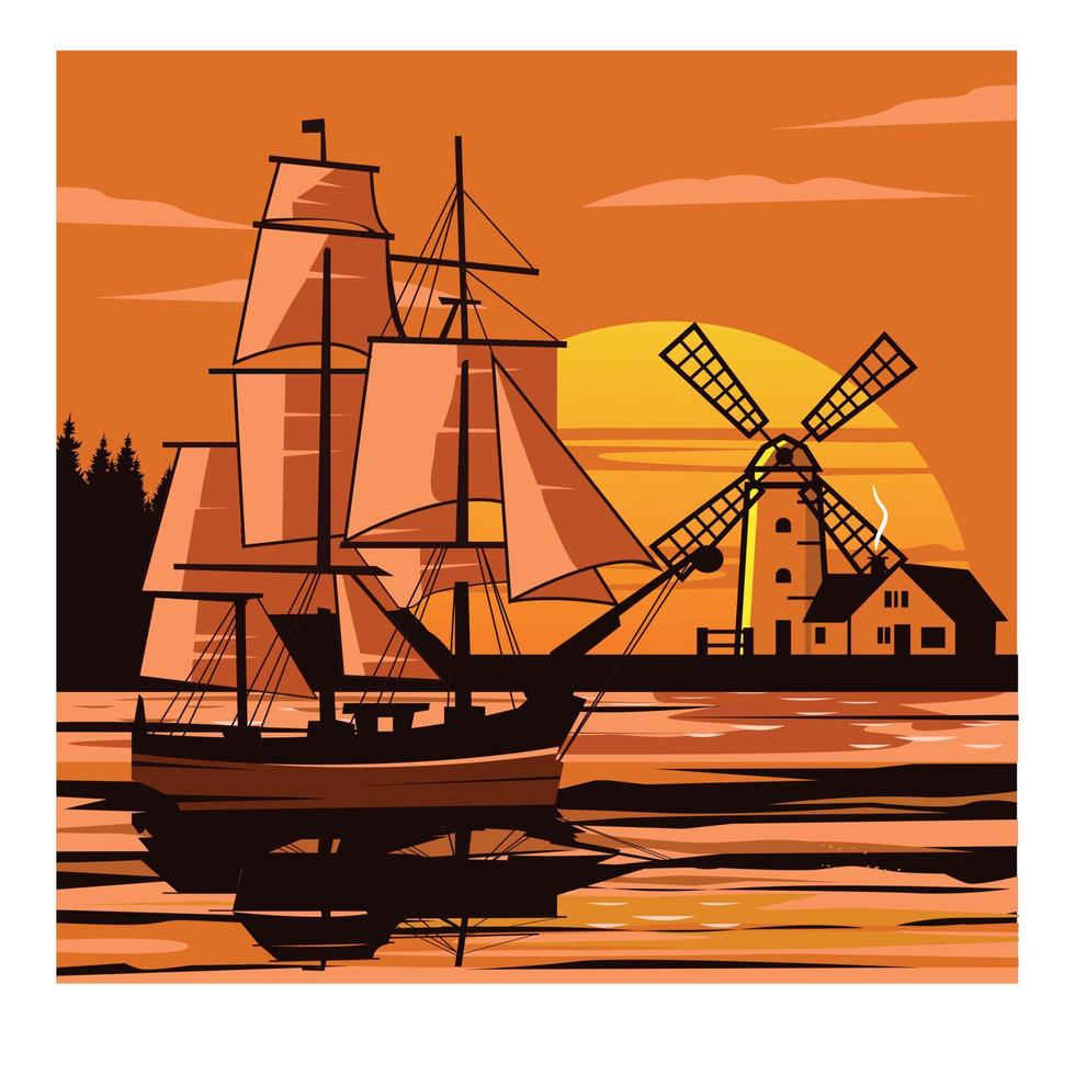 ship and windmill vector