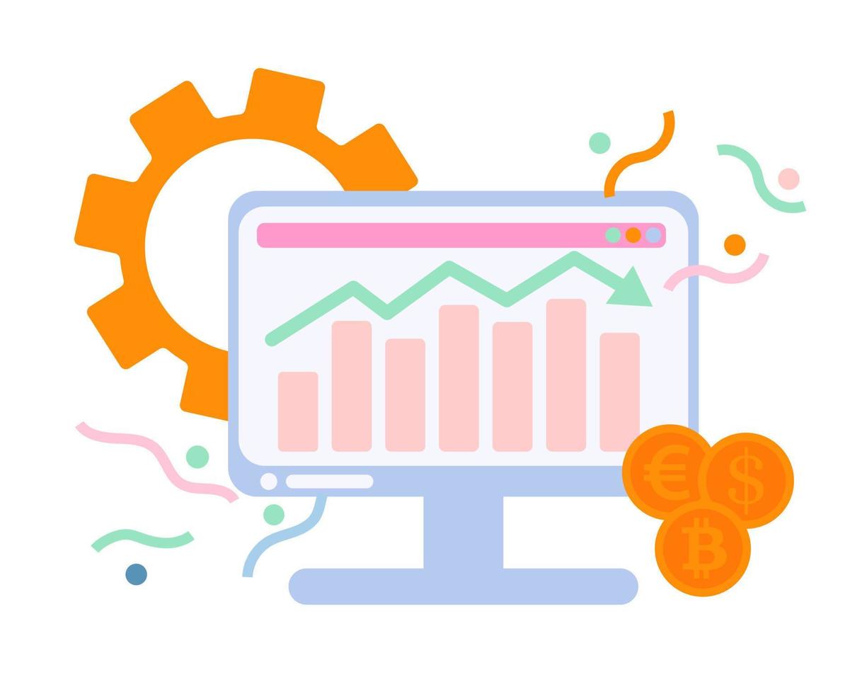 Workplace, computer monitor. Topic financial technologies, financial crisis, growth and fall chart, cryptocurrency. Vector illustration