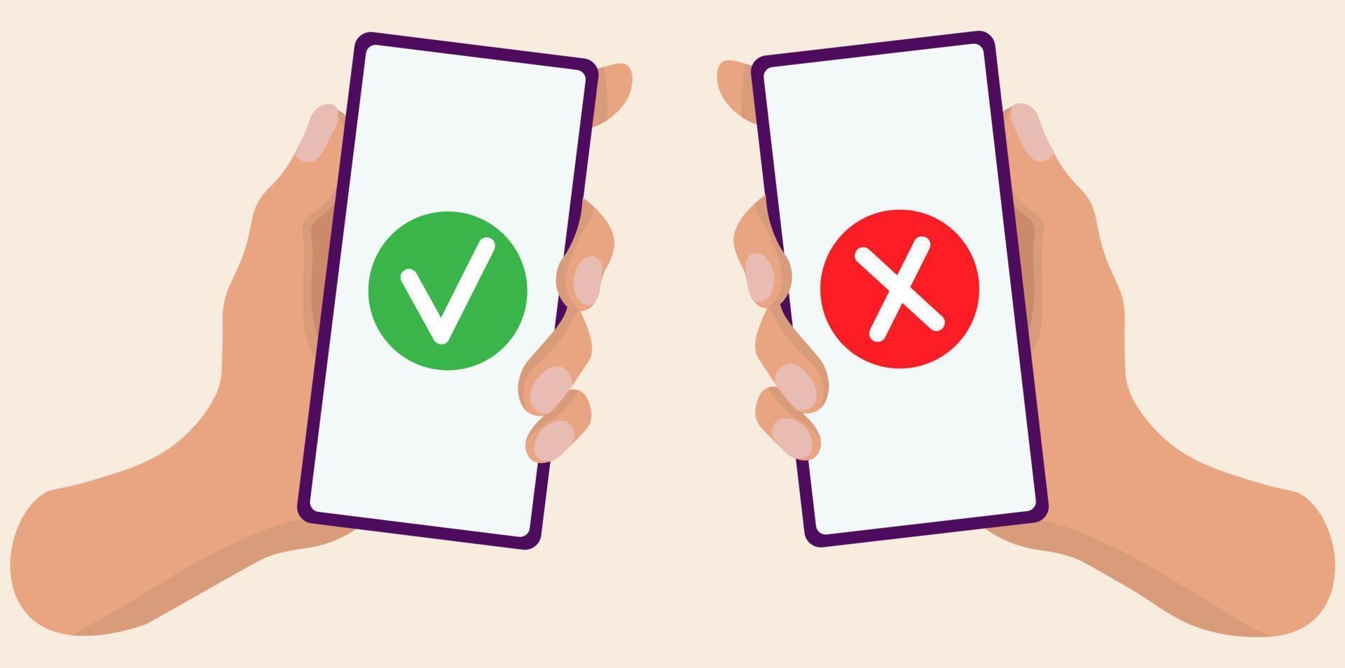 Check and cross mark on smartphone screen vector
