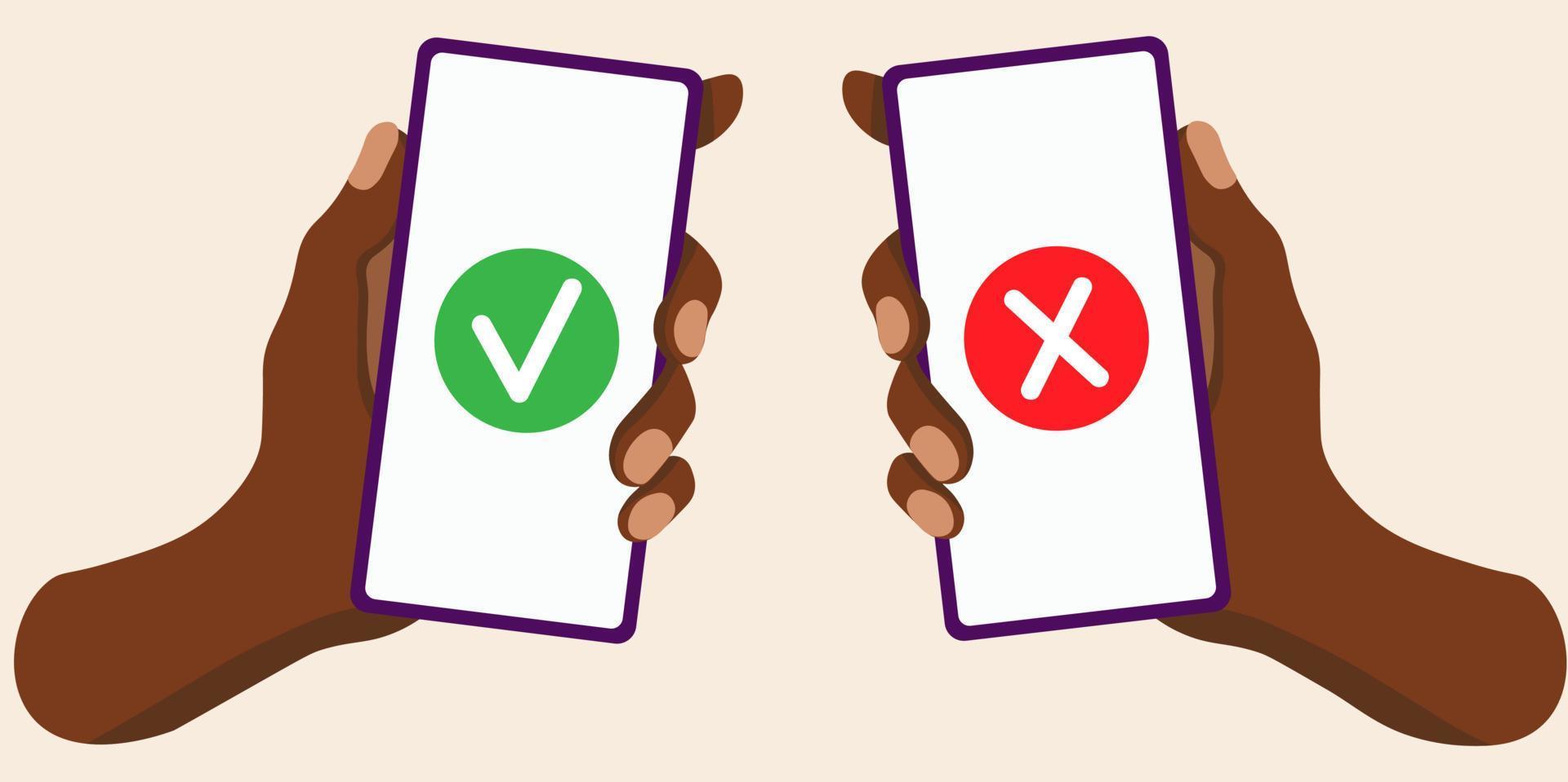Check and cross mark on smartphone screen black hand vector