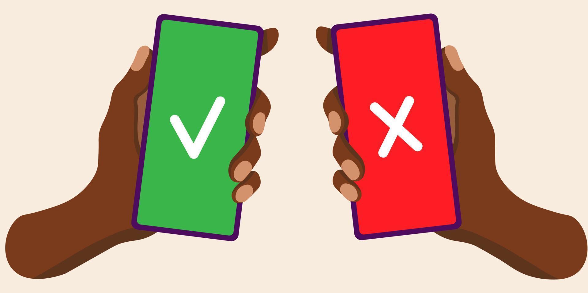 Check and cross mark on smartphone screen black hand vector