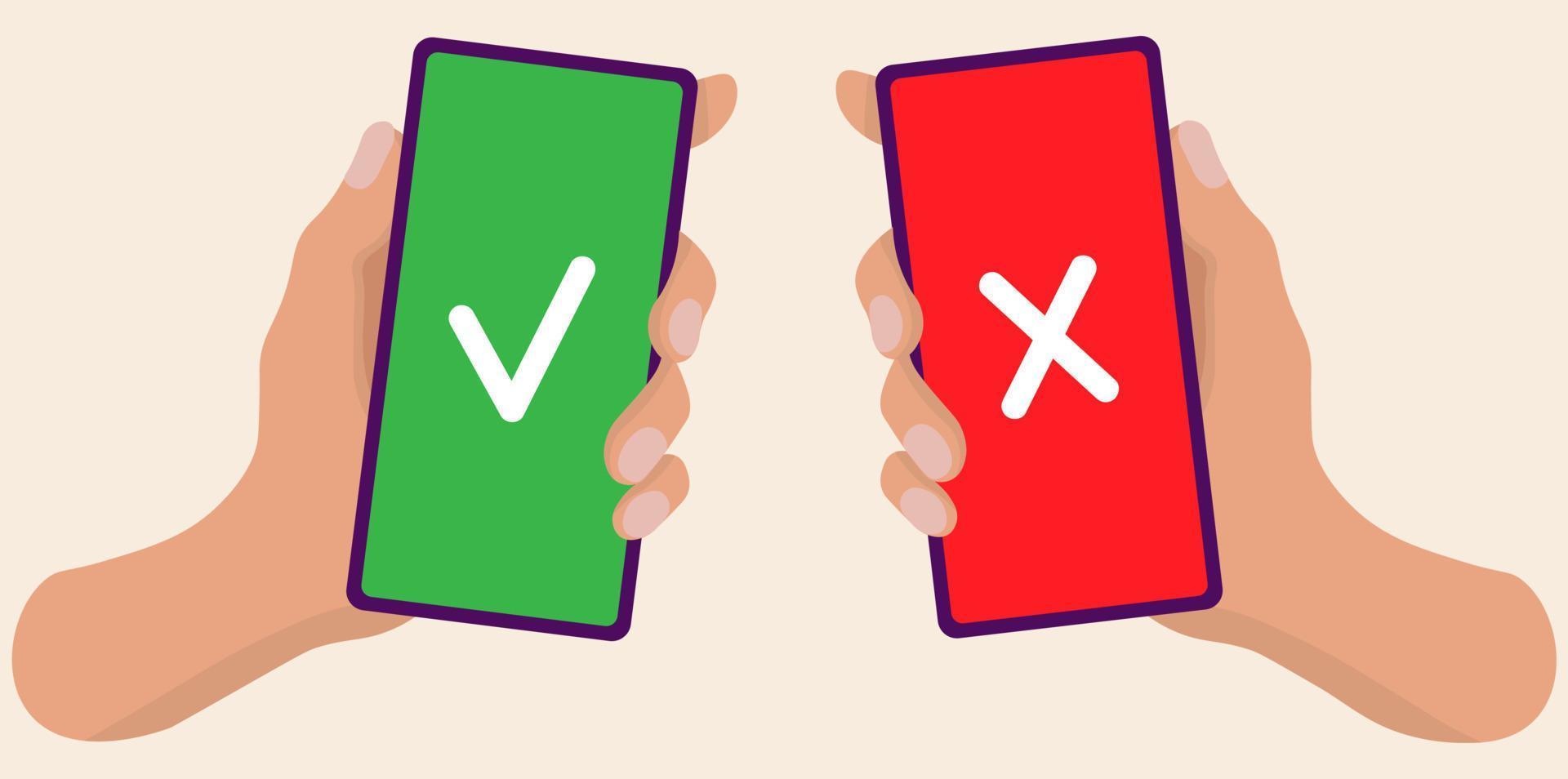 Check and cross mark on smartphone screen vector