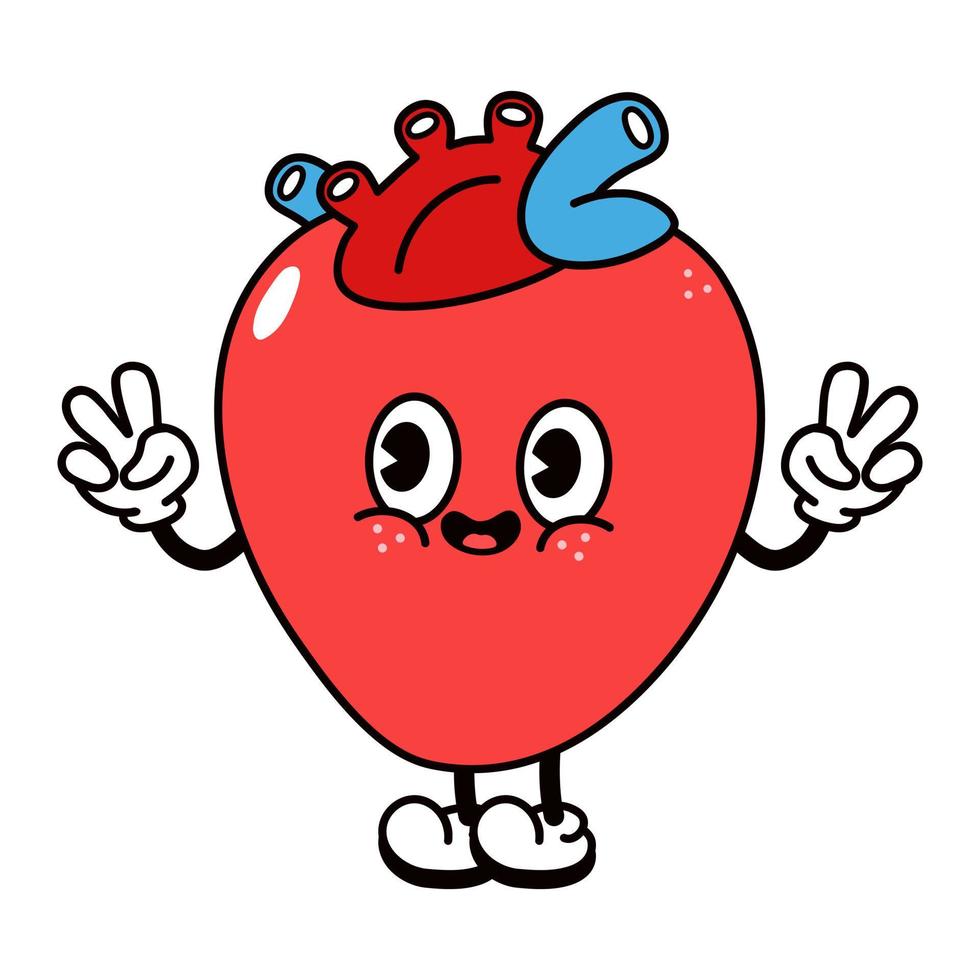 Cute funny heart waving hand character. Vector hand drawn traditional cartoon vintage, retro, kawaii character illustration icon. Isolated on white background. Heart character concept