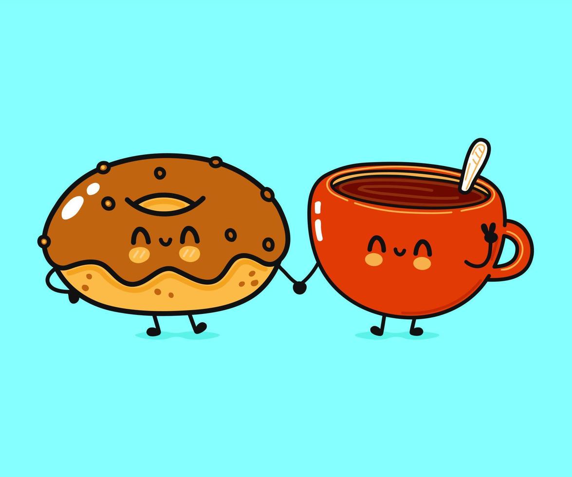Cute, funny happy cup of coffee and donut character. Vector hand drawn  cartoon kawaii characters, illustration icon. Funny cartoon cup of coffee  and chocolate donut friends concept 8154716 Vector Art at Vecteezy