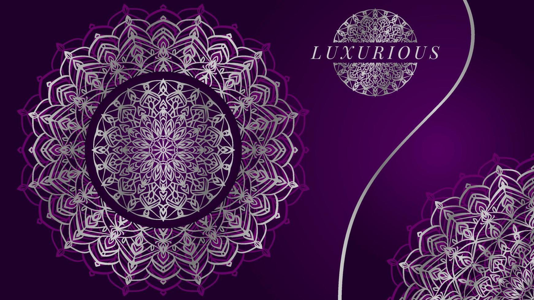 lujosa decoración de arte de mandala de lámina plateada con elegante fondo púrpura para web o elemento de diseño de vector de impresión