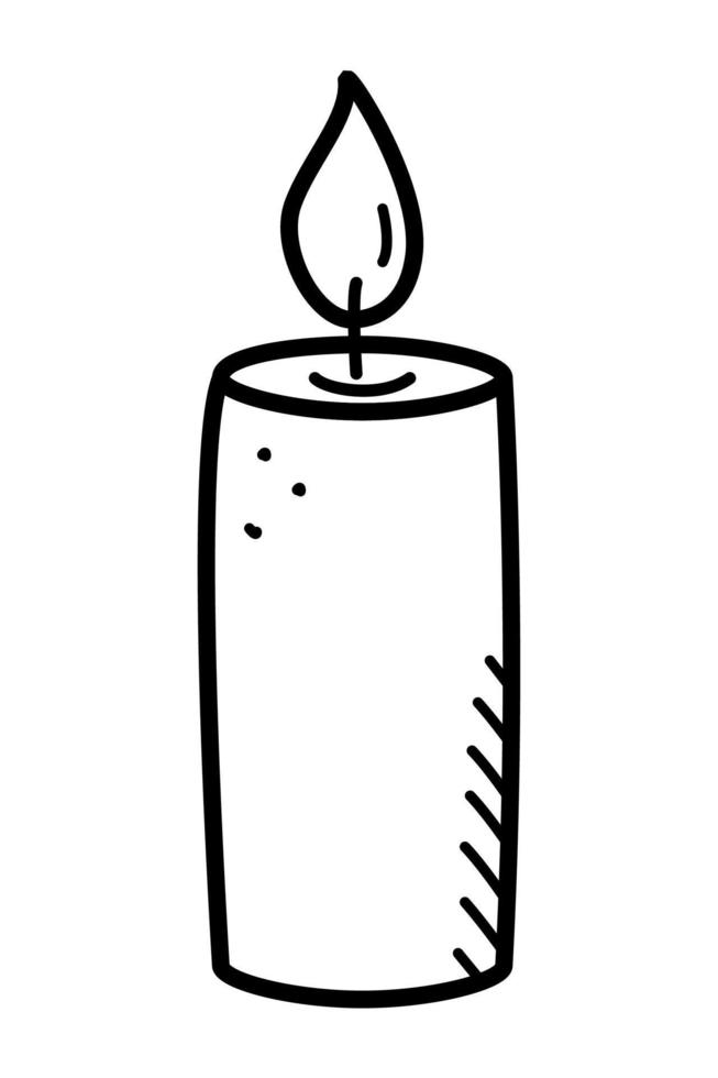 Burning candle icon, vector doodle illustration of a wax candle with a wick.