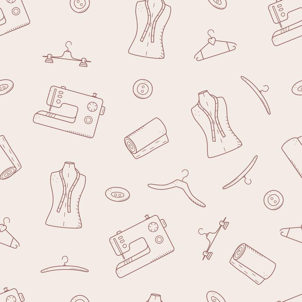 Seamless pattern tools for sewing and needlework. Doodle icon set tailoring, vector illustration.