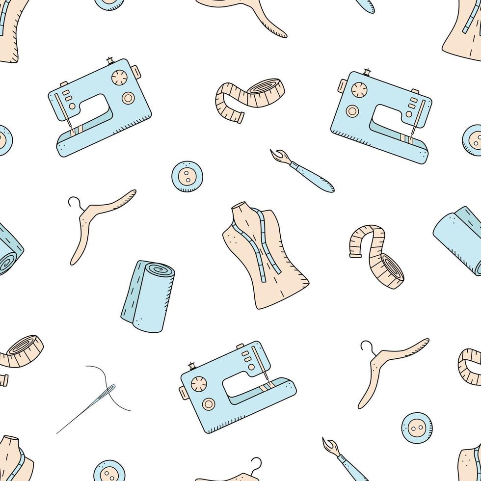 Seamless pattern tools for sewing and needlework. Doodle icon set tailoring, vector illustration.