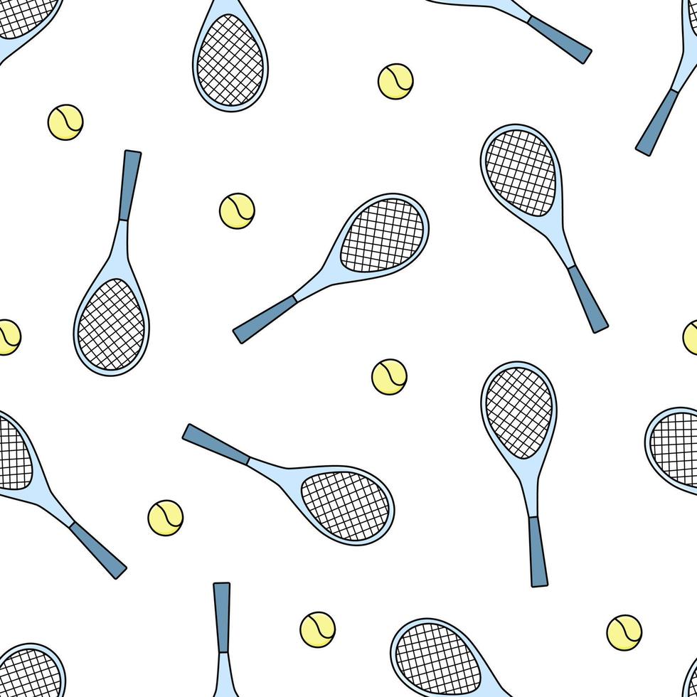 Seamless pattern of tennis rackets and ball. Vector illustration of sports equipment background, healthy and active lifestyle concept